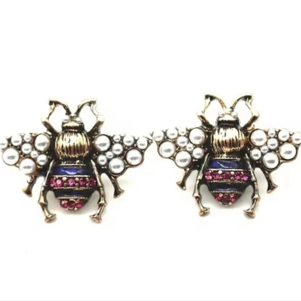 NEW Pearl Enamel Bee Earrings | Pin Vintage Style | Large